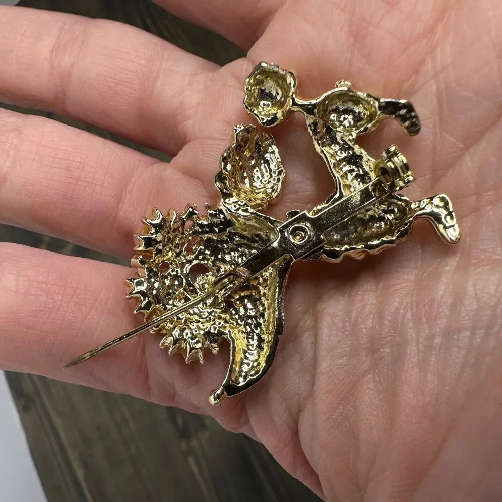 Vintage French Poodle Brooch Pin Gold Tone Faux Pearls‎ Red Rhinestone Dog